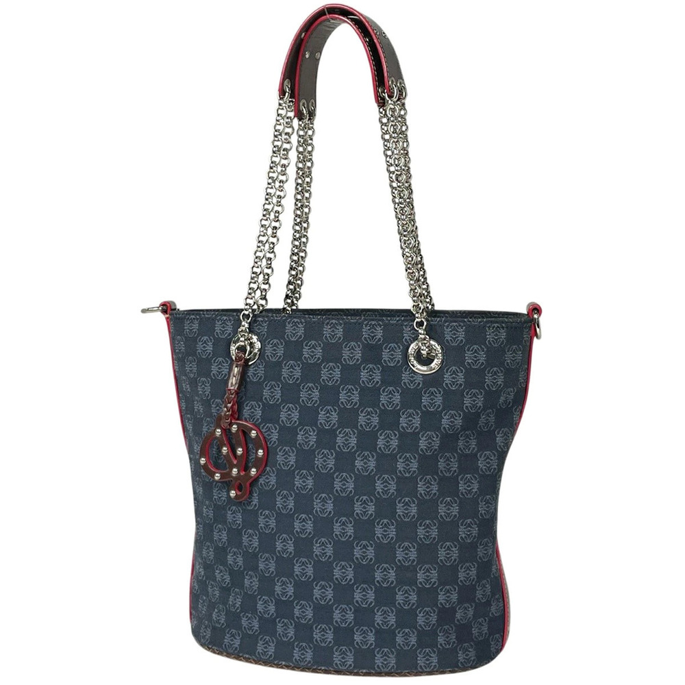 Loewe Anagram Chain Shoulder Bag Tote Canvas Navy Blue